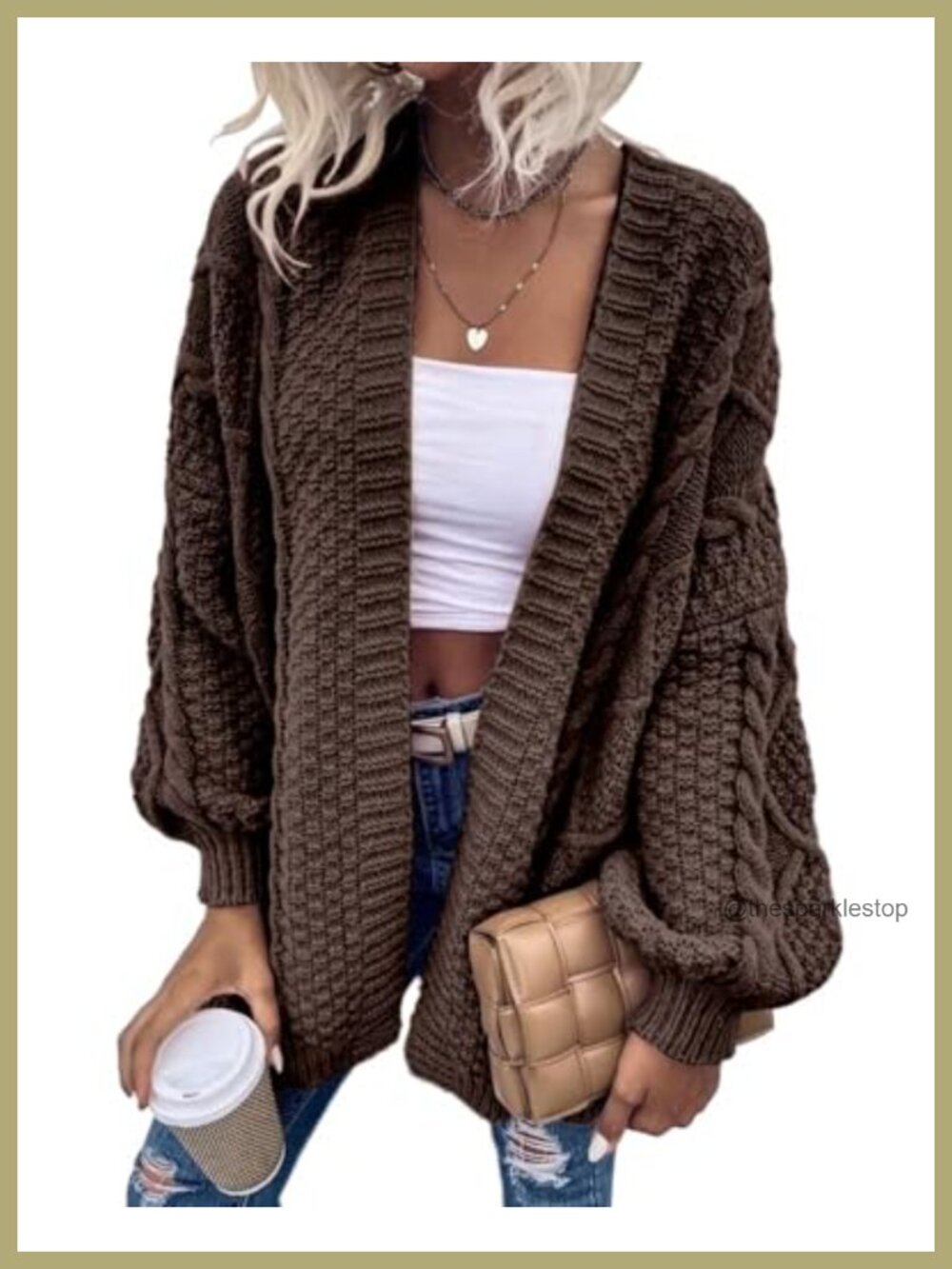 Oversized Chunky Cable Knit Open Front Lantern Sleeve Cardigan Sweater